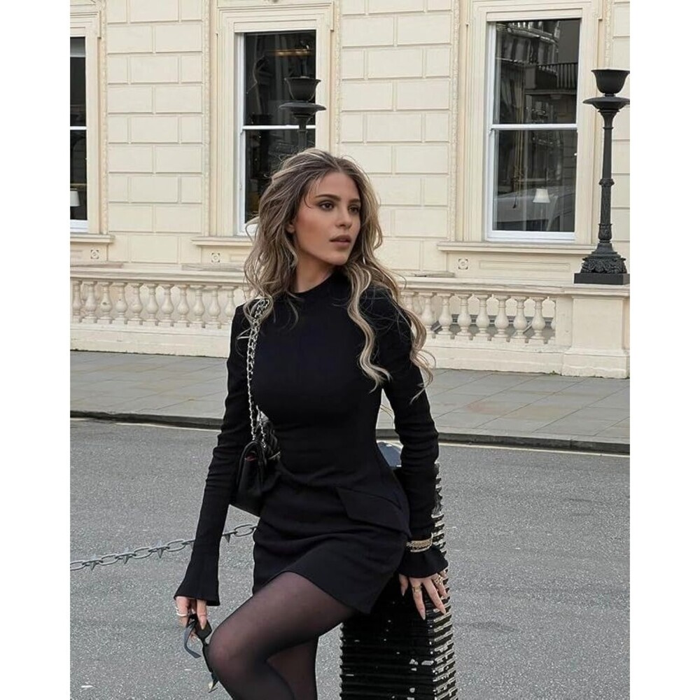 OFEEFAN Long Sleeve Mock Neck Dress Basic Party Club Bodycon Mini Dress Sz M
